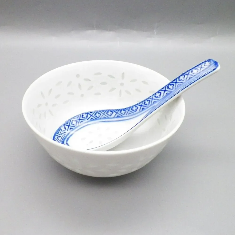 Chinese Rice Eye White Rice Bowl with Blue & White Spoon Vintage
